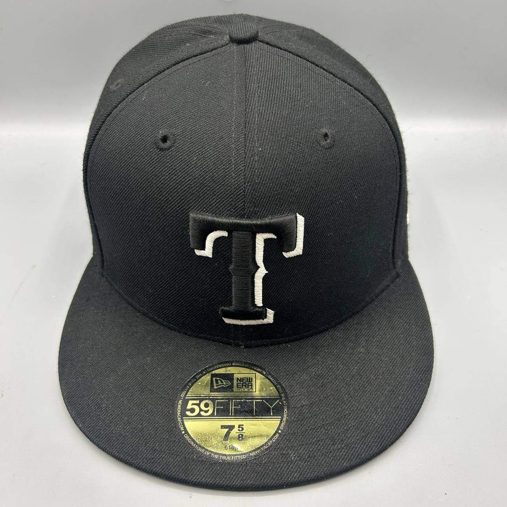 Texas Rangers MLB Hat Men 7 5/8 Black 59Fifty New Era Fitted Cap Wool